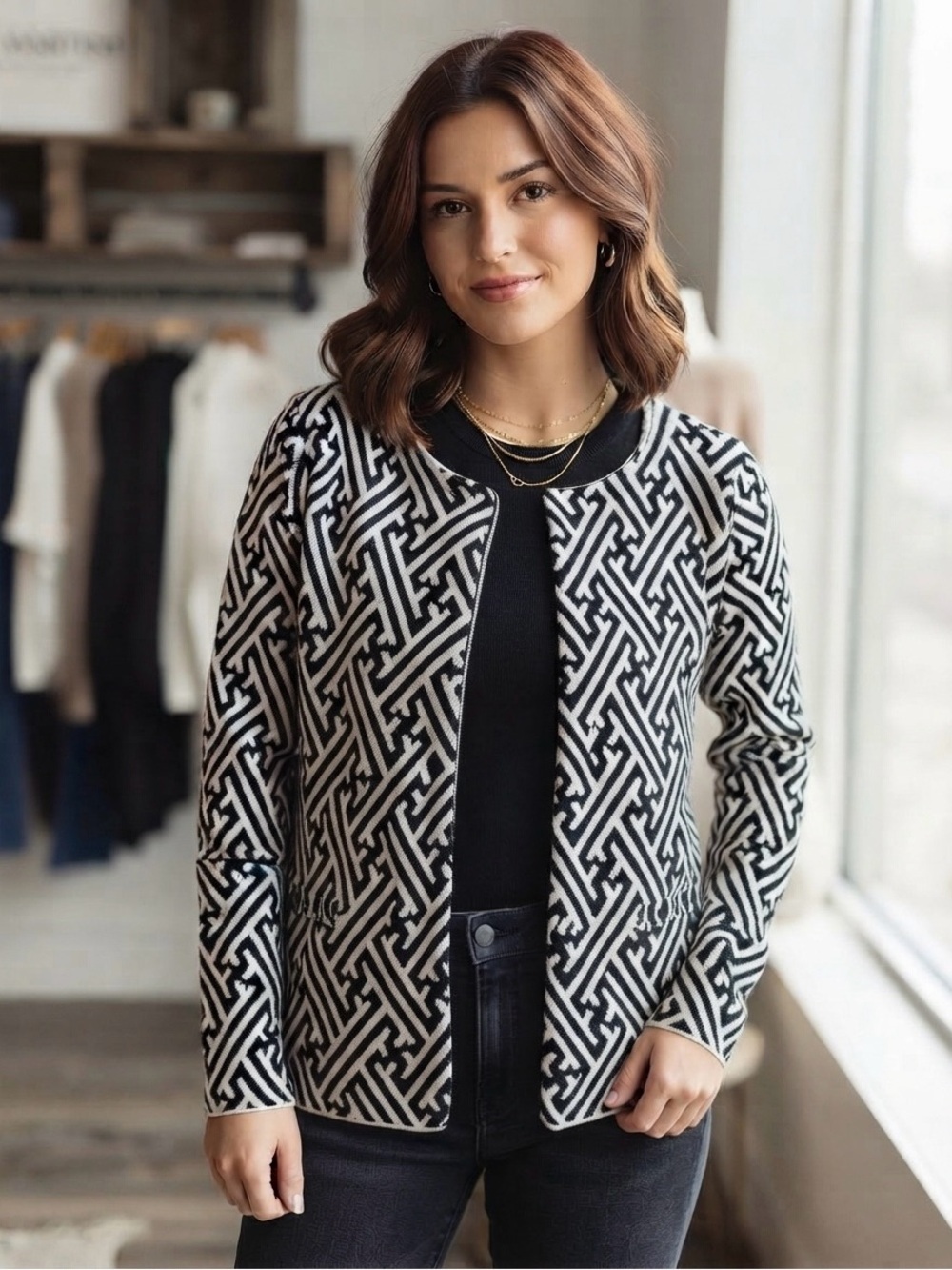 Pink Martini Black & White Geometric Open Cardigan
